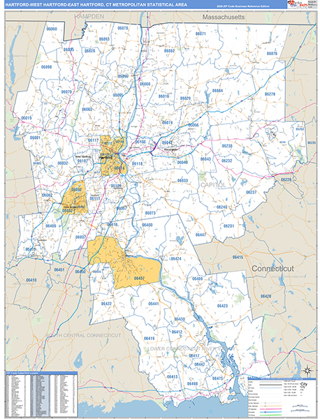 Hartford-West Hartford-East Hartford Metro Area Wall Map
